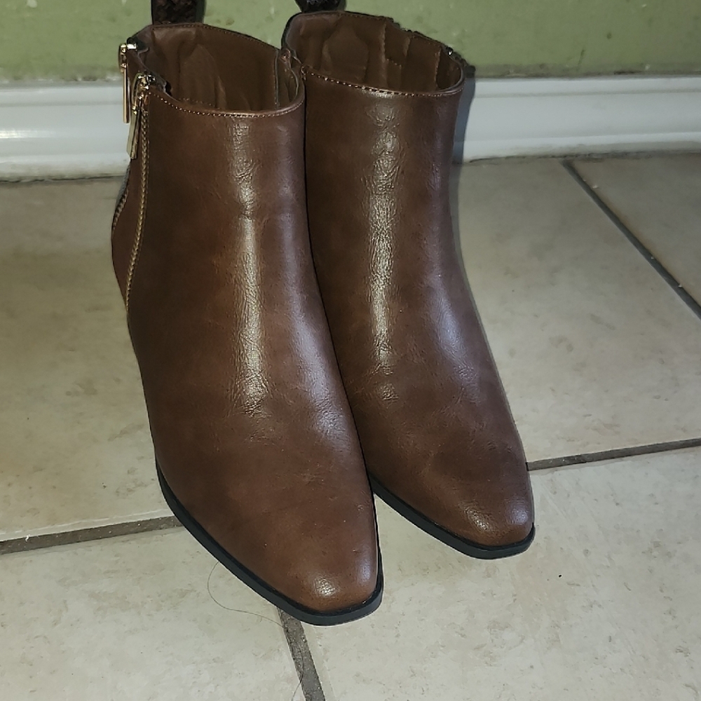 JustFab Brown Pointed Faux-Leather Ankle Booties with Side Zipper